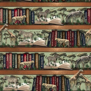 Zebra Escapes Bookshelf, Whimsical Pistachio Green Jungle Wallpaper, Spark Playful Animal Imagination Books, Whimsical Storytime Animals, Tranquil Reading Nook, Calming Desert Wildlife Sanctuary, Dreamy Safari Escape, Savanna Desert Wild Animals Wildlife