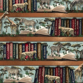 Animal Academia, Animal Lover, Quiet Time, Retro Library, Tranquil, Zoo Keeper, Academic Student, Book Shop Safari, Old Library, Kids Imagination, Whimsical Wildlife, African Safari Library Books, Antique Book Zoo Animals, Savanna Safari Animals Teal Blue