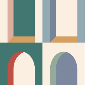 LARGE MODERN BOLD ART DECO MULTI COLOURED ARCHES-EMERALD GREEN-RUST RED-MAUVE PINK-SAGE GREEN-MUTED BABY BLU-DENIM-EGGSHELL OFF WHITE