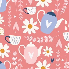 Large  / Teapot and Teacups in Blue and Pink with Flowers and Hearts