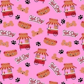 Kawaii NY hotdog stand - Smiley hotdogs cookies dog paws and bones american food theme on hot pink 
