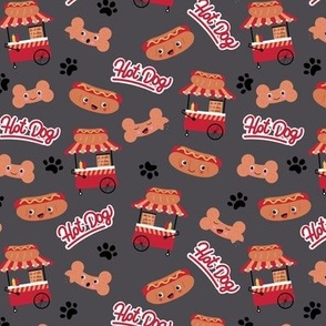 Kawaii NY hotdog stand - Smiley hotdogs cookies dog paws and bones american food theme on charcoal gray 