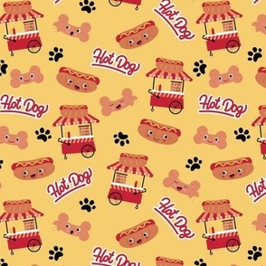 Kawaii NY hotdog stand - Smiley hotdogs cookies dog paws and bones american food theme on yellow 