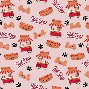 Kawaii NY hotdog stand - Smiley hotdogs cookies dog paws and bones american food theme on vintage pink 