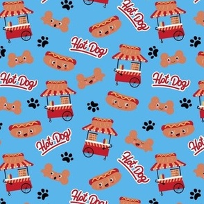 Kawaii NY hotdog stand - Smiley hotdogs cookies dog paws and bones american food theme on cyan blue 