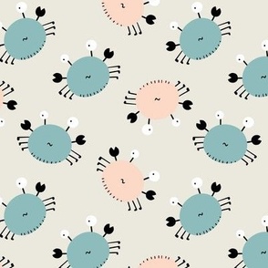 Crab beach kids print peach and turquoise on ecru