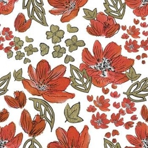 Red and Gold floral spread on white 