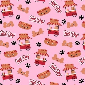 Kawaii NY hotdog stand - Smiley hotdogs cookies dog paws and bones american food theme on soft pink 