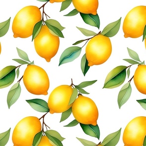 Watercolor Lemon Grove Fabric - Large Citrus Fruit Print