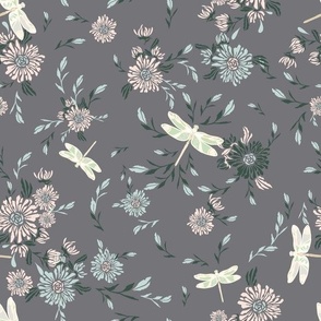 Flying dragonflies with flowers grey and blue