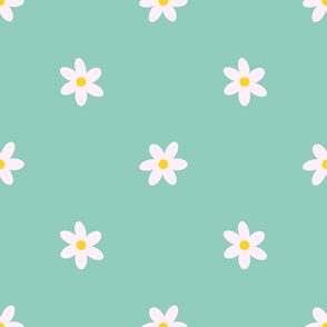 Polka Dot White and Yellow Flowers on Mint Green