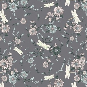 small Flying dragonflies with flowers grey and blue