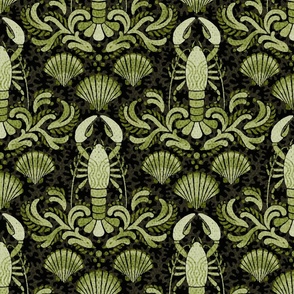 Lobster damask olive green and charcoal black - medium scale