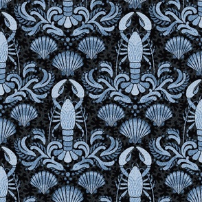 Lobster damask sea blue and charcoal black - medium scale