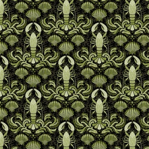 Lobster damask olive green and charcoal black - small scale