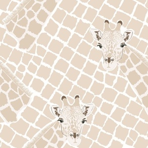 Giraffe heads and animal print of reticulated spots in beige and tan