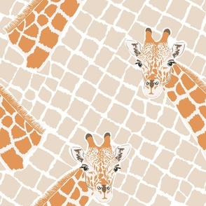 Giraffe heads and animal print of reticulated spots in beige and orange