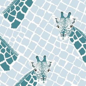 Giraffe heads and animal print of reticulated spots in teal and blue