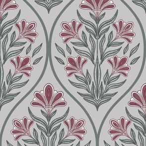 (L) Art deco glamour- red and green floral damask- vintage- gray background large scale