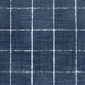 Hand Drawn Checks on Navy Blue (2 inch/5cm squares) | Rustic fabric in dark blue and white, linen texture checked fabric, windowpane fabric, tartan, plaid, grid pattern, squares fabric.