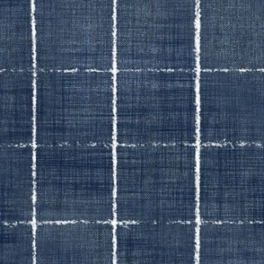 Hand Drawn Checks on Navy Blue (2.4 inch/6cm squares) | Rustic fabric in dark blue and white, linen texture checked fabric, windowpane fabric, tartan, plaid, grid pattern, squares fabric.