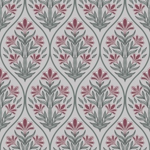 (M) Art deco glamour- red and green floral damask- vintage- gray background medium scale