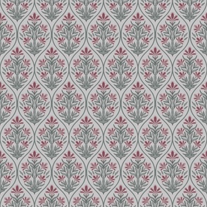 (S) Art deco glamour- red and green floral damask- vintage- gray background small scale