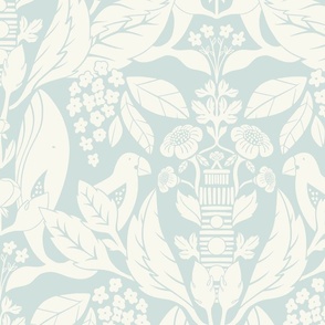 Jumbo Two Tone Coastal Floral Damask with Whale and Lighthouse Damask (Light Blue)(24")