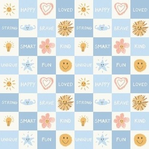 Checkerboard positivity pattern positive affirmations for kids chalk word art 4x4 repeat serenity blue-baby blue