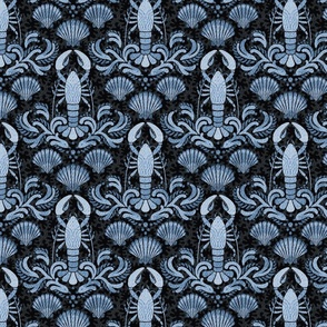 Lobster damask sea blue and charcoal black - small scale