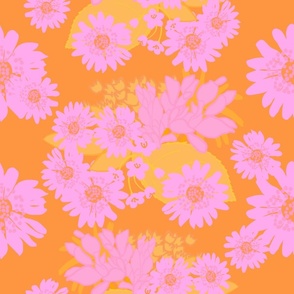 Bouquet Daisy Flower Bunch In Pretty Pink With Chartreuse Green Leaves And Citrus Accents On Deep Tropical Orange Retro Modern Colorful Psychedelic Hippy Boho Garden Cottagecore Repeat Floral Pattern 