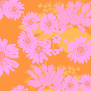 Bouquet Daisy Flower Bunch In Pretty Pink With Big Chartreuse Green Leaves And Citrus Accents On Deep Tropical Orange Retro Modern Colorful Psychedelic Hippy Boho Garden Cottagecore Repeat Floral Pattern 