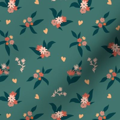 Flower pattern with hearts, teal background, small size