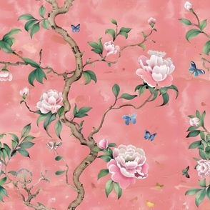 Antique chinoiserie peonies, branches and butterflies on blush pink