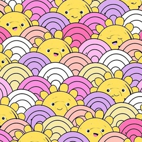 Groovy Kawaii summer sunshine smileys - waves and sun cute kids design pink yellow lilac 