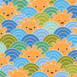 Groovy Kawaii summer sunshine smileys - waves and sun cute kids design orange green blue boys palette