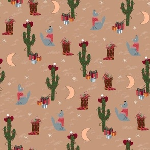 Natural Christmas - Desert Scene w/Cowgirl boots with flowers, howling coyotes and decorated cacti