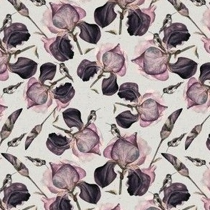 Ditsy Vintage Hummingbird Iris / Purple Flowers / Watercolor