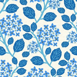 Hydrangea Summer Blooms |  Ocean Blues on Cream Background | 24in