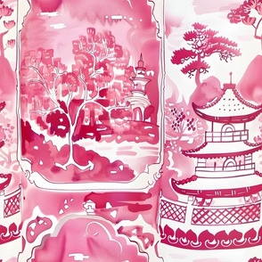 Pink and white chinoiserie watercolor sketches