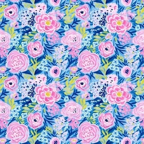 Acrylic Blue Pink Floral Seamless Pattern, Seamless Acrylic Flower Background, Preppy Floral Pattern, Spring Summer Floral Painting Pattern 