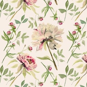 Small Pink Peony Flowers on Cream / Watercolor / Leaves / Floral