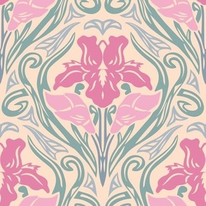 M - Pink and green Flowers Irises Art Deco vintage. Soft pastel colors - MEDIUM scale