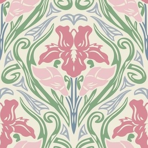 M - Pink and green Flowers Irises. Art Deco Vintage - MEDIUM scale