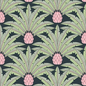 Festive palm fan/pink and green on charcoal/large