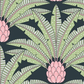 Festive palm fan/pink and green on charcoal/jumbo