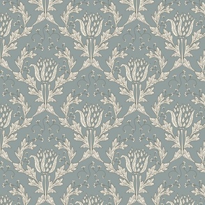 Pale blue luxury upholstery. Floral classic acanthus leaves.