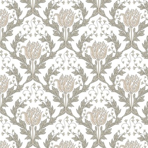 Classic glam floral garden. Damask acanthus leaves. Vintage luxurious upholstery.