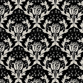 Dark glam garden. Black and white classic floral. Damask acanthus leaves. Vintage luxurious upholstery.