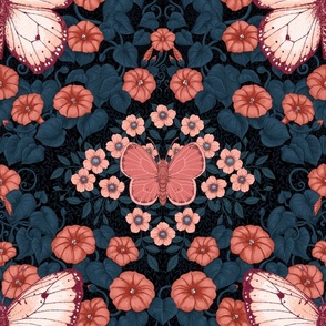 Butterflies and flowers symmetry, red and blue